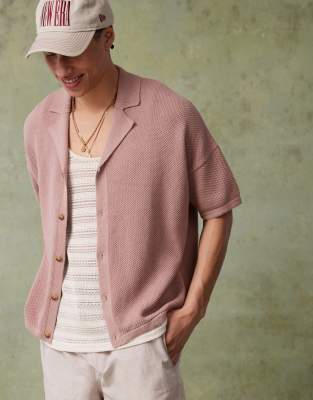 ASOS DESIGN ASOS DESIGN oversized boxy fit knitted texture revere neck polo in dusky pink