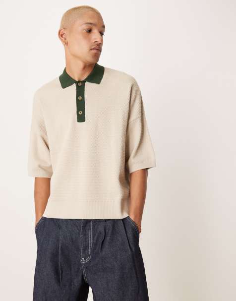 ASOS DESIGN oversized boxy fit knitted textured polo in ecru with contrast collar - view 1