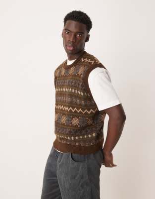 ASOS DESIGN ASOS DESIGN oversized boxy fit knitted vest with aztec pattern in beige-Neutral
