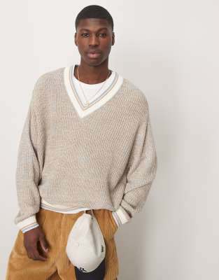 ASOS DESIGN ASOS DESIGN oversized boxy fit knitted vneck jumper with tipping in stone-Neutral