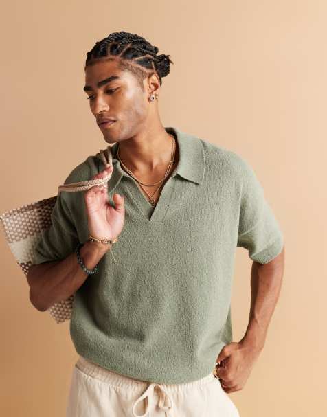 ASOS DESIGN oversized boxy fit lightweight boucle knitted notch neck polo in sage green - view 1