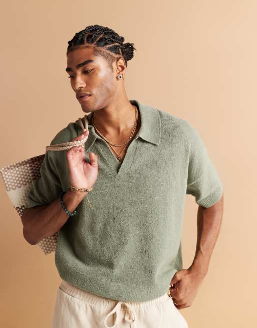 ASOS DESIGN oversized boxy fit lightweight boucle knitted notch neck polo in sage green