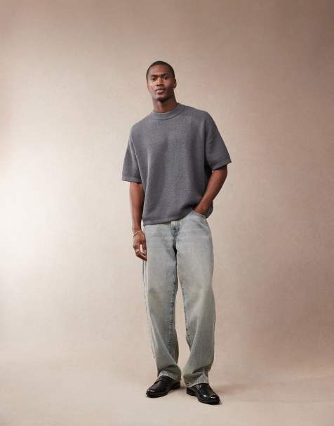 ASOS DESIGN oversized boxy fit lightweight textured knitted t-shirt in charcoal grey - view 1