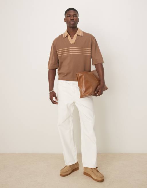 ASOS DESIGN oversized boxy fit notch neck polo with stripes in tan