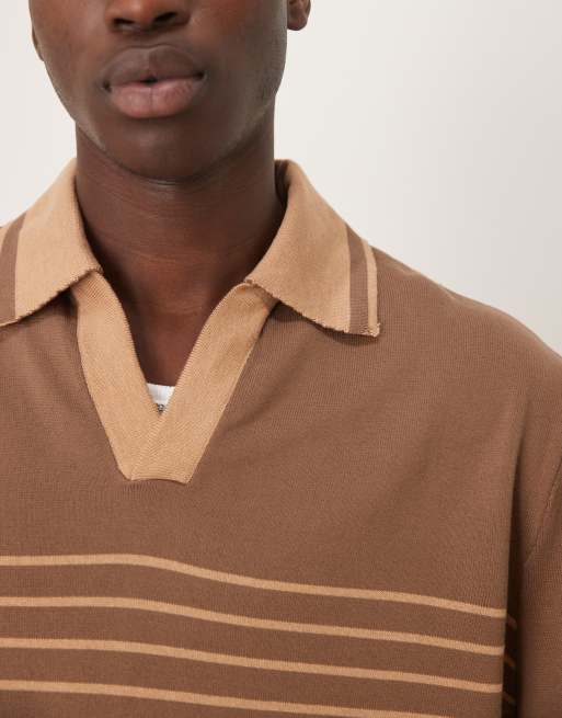 ASOS DESIGN oversized boxy fit notch neck polo with stripes in tan