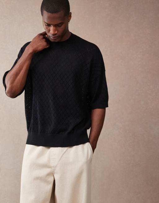 ASOS DESIGN oversized boxy fit pointelle knit T-shirt with argyle pattern in black
