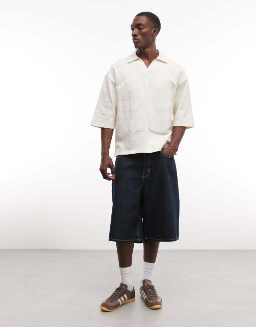 ASOS DESIGN oversized boxy fit polo shirt with appliqué detail in cream, 2 of 5