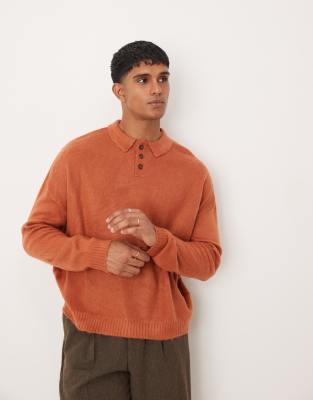 Asos Design Oversized Boxy Fit Polo Sweater In Brushed Texture In Rust-brown