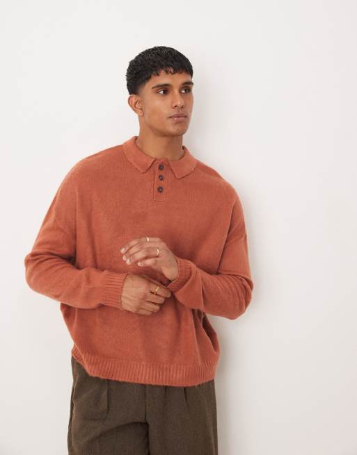 ASOS DESIGN oversized boxy fit polo sweater in brushed texture in rust
