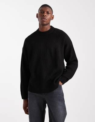 Asos Design Oversized Boxy Fit Rib Knit Fisherman Sweater In Black