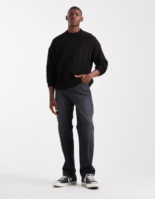 Asos Design Oversized Boxy Fit Rib Knit Fisherman Sweater In Black