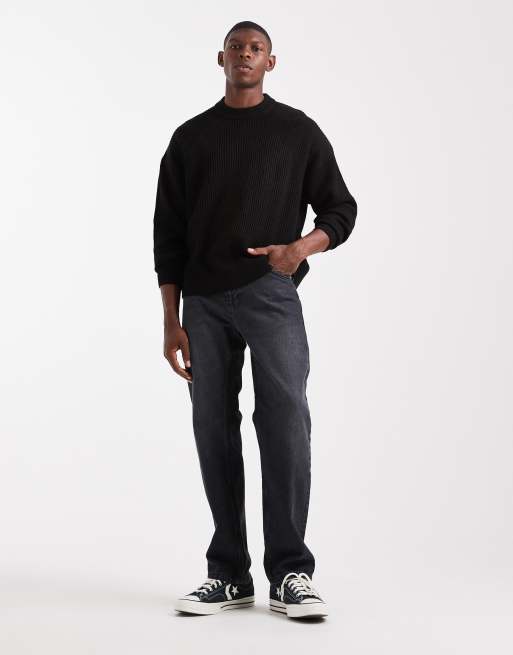 ASOS DESIGN oversized boxy fit rib knit fisherman sweater in black