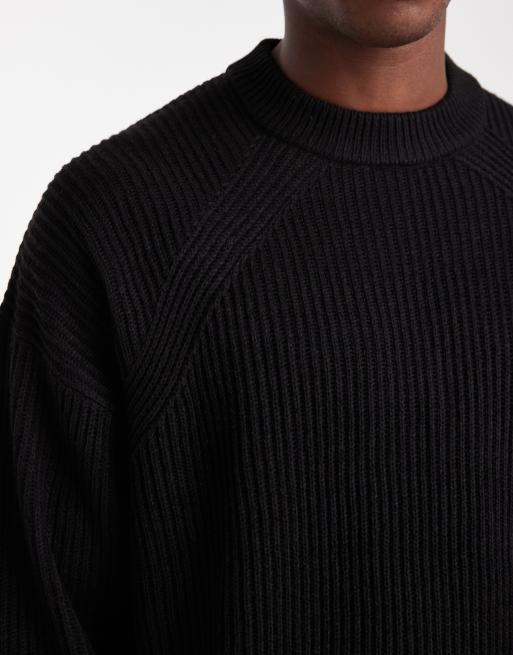 ASOS DESIGN oversized boxy fit rib knit fisherman sweater in black