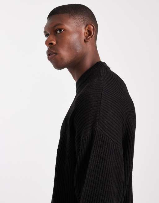 ASOS DESIGN oversized boxy fit rib knit fisherman sweater in black