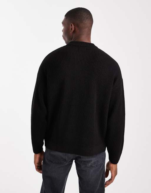 ASOS DESIGN oversized boxy fit rib knit fisherman sweater in black
