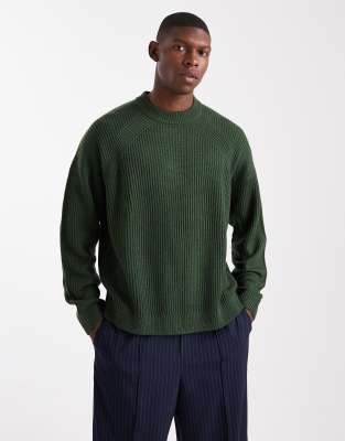Asos Design Oversized Boxy Fit Rib Knit Fisherman Sweater In Green