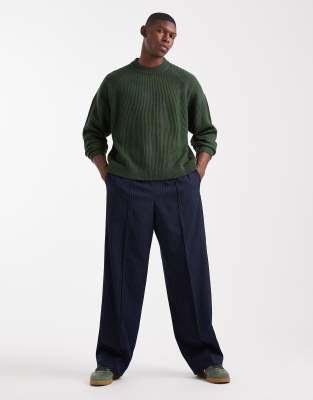 Asos Design Oversized Boxy Fit Rib Knit Fisherman Sweater In Green