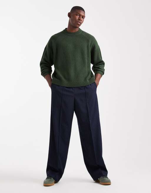 ASOS DESIGN oversized boxy fit rib knit fisherman sweater in dark green