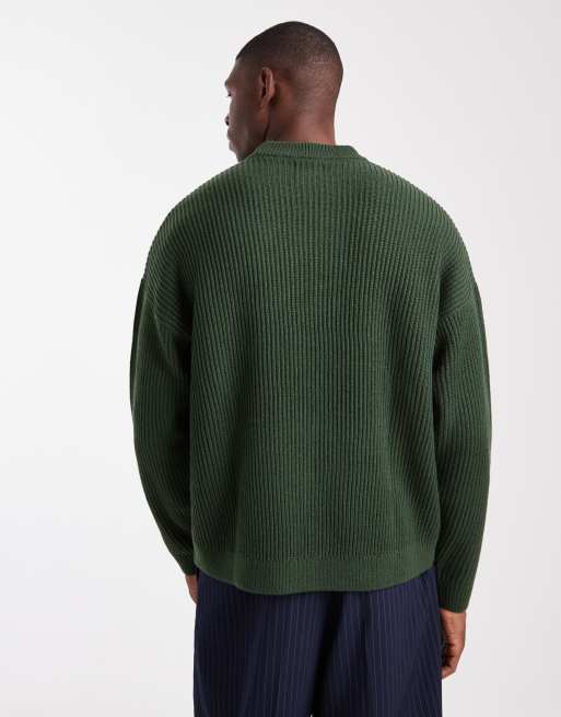 ASOS DESIGN oversized boxy fit rib knit fisherman sweater in dark green