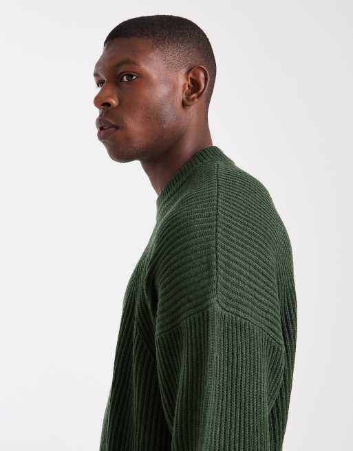 ASOS DESIGN oversized boxy fit rib knit fisherman sweater in dark green