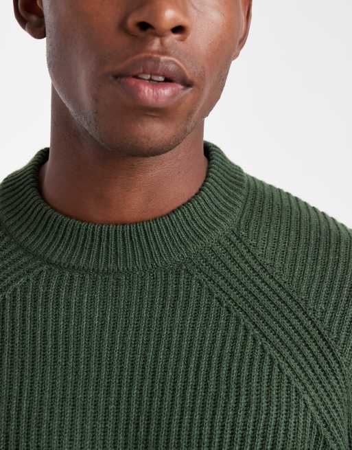 ASOS DESIGN oversized boxy fit rib knit fisherman sweater in dark green