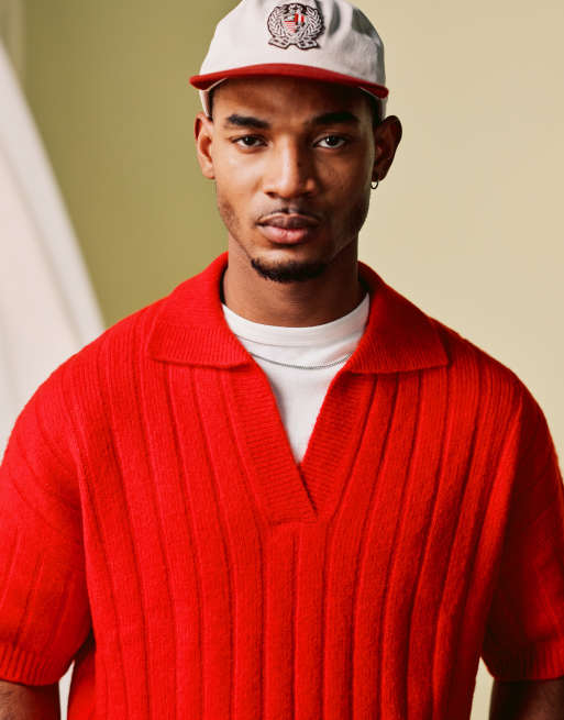 ASOS DESIGN oversized boxy fit rib knit notch neck polo shirt in red