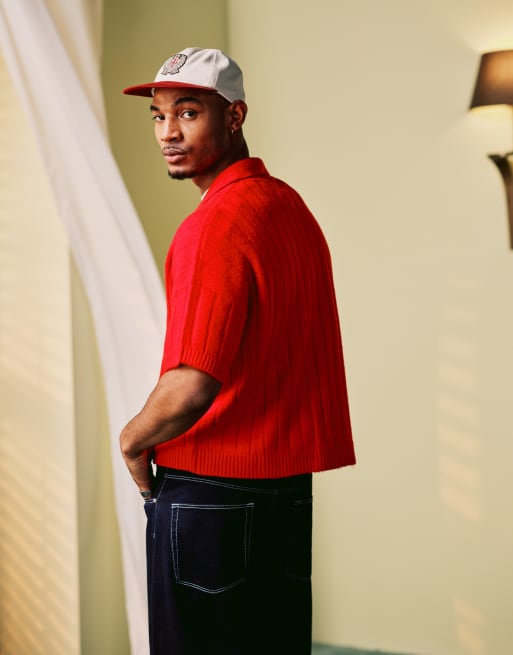 ASOS DESIGN oversized boxy fit rib knit notch neck polo shirt in red