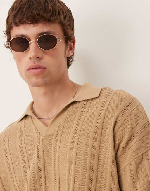 ASOS DESIGN oversized boxy fit rib knit notch neck polo shirt with pointelle stitching in beige