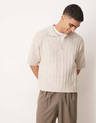 oversized boxy fit rib knitted notch neck polo in ecru-Neutral