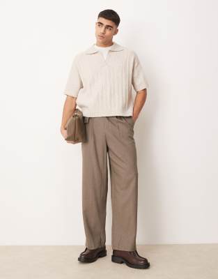Asos Design Oversized Boxy Fit Rib Knitted Notch Neck Polo In Neutral
