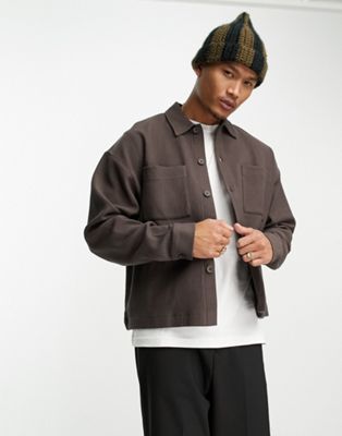 ASOS DESIGN oversized boxy fit ribbed jacket in brown