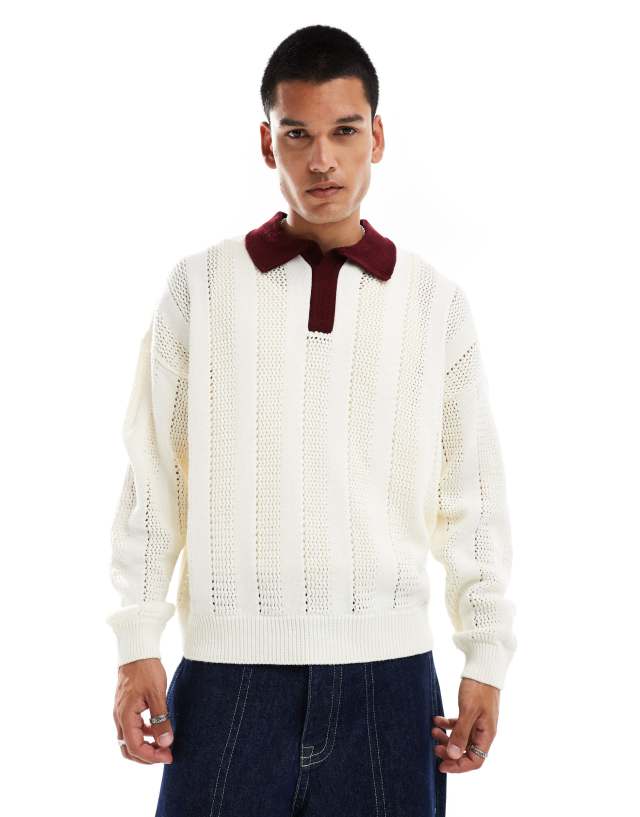 ASOS DESIGN - oversized boxy fit ribbed polo jumper in ecru with burgundy collar