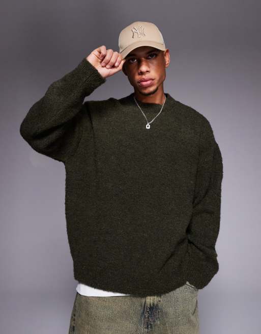 ASOS DESIGN oversized boxy fit textured knit crew neck sweater in olive