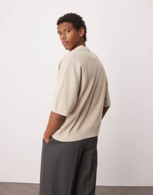 Asos Design Oversized Boxy Fit Textured Knit Notch Neck Polo In Neutral