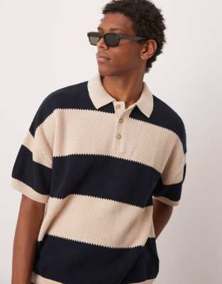 Asos Design Oversized Boxy Fit Textured Knit Polo In Navy