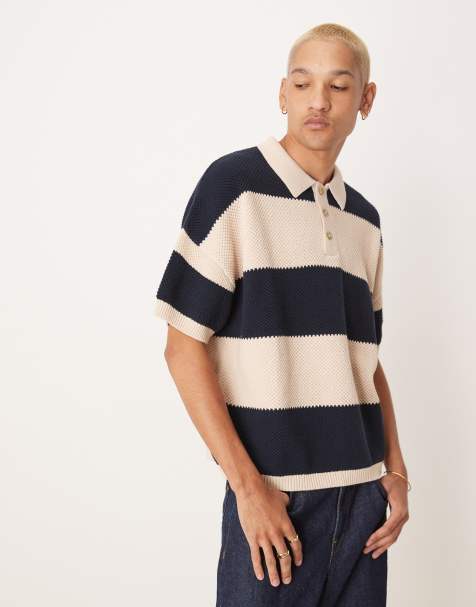 ASOS DESIGN oversized boxy fit textured knit polo in navy stripe - view 1