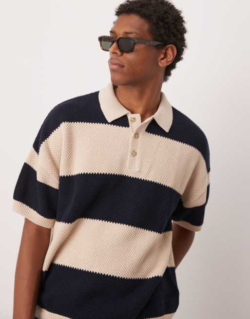 ASOS DESIGN oversized boxy fit textured knit polo in navy stripe