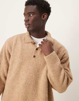 Asos Design Oversized Boxy Fit Textured Knit Polo Sweater In Neutral