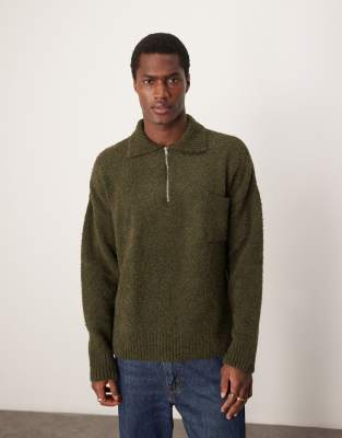 Asos Design Oversized Boxy Fit Textured Knit Quarter Zip Polo Sweater In Green