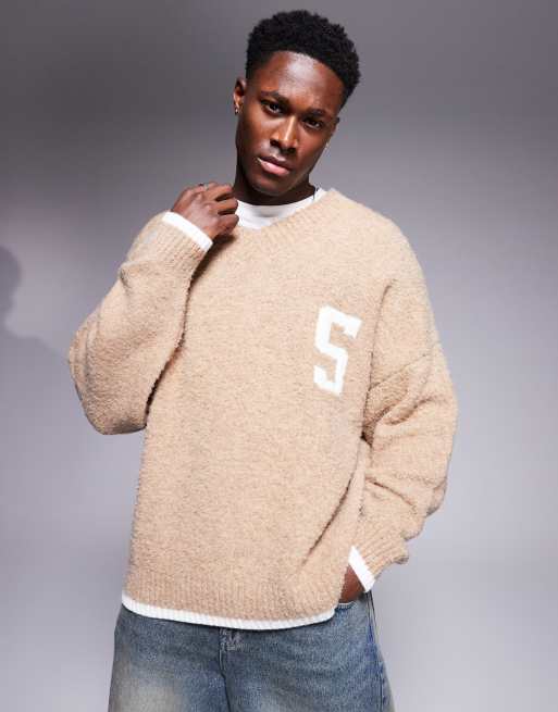 ASOS DESIGN oversized boxy fit textured knit v neck sweater with chest pattern and tipping in beige