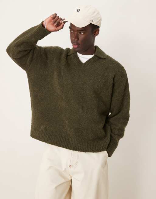 ASOS DESIGN oversized boxy fit textured knitted notch neck jumper in khaki - KHAKI, 2 of 4