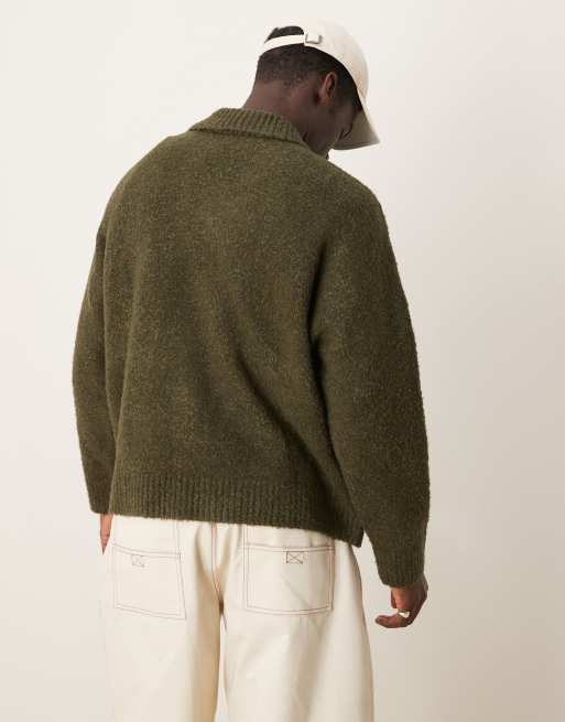 ASOS DESIGN oversized boxy fit textured knitted notch neck jumper in khaki, 4 of 4