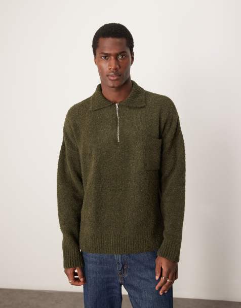 ASOS DESIGN oversized boxy fit textured knitted quarter zip polo jumper in khaki with chest pocket - KHAKI - view 1