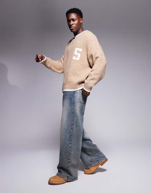 ASOS DESIGN oversized boxy fit textured knitted v neck jumper with chest pattern and tipping in beige, 2 of 4