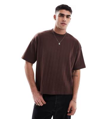 oversized boxy fit textured rib t-shirt in brown