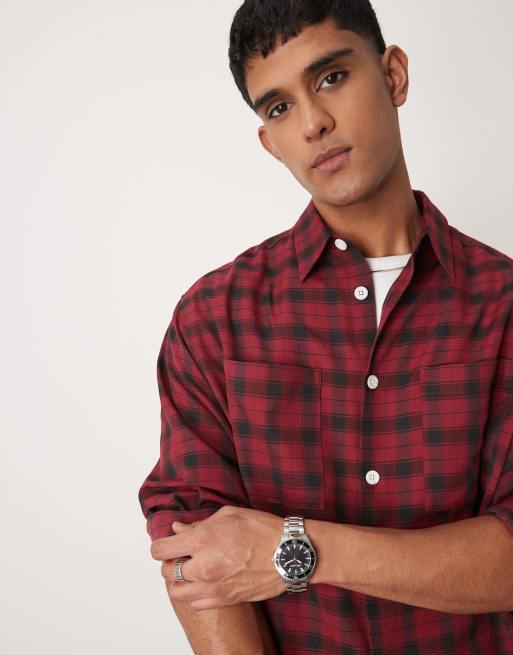 ASOS DESIGN oversized boxy flannel shirt with double pocket in