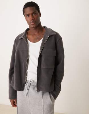 oversized boxy fleece shacket in charcoal-Gray