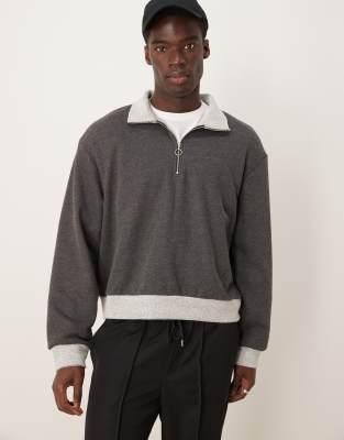 Asos Design Oversized Boxy Funnel Neck Half Zip Sweatshirt With Contrast Hems In Charcoal-gray