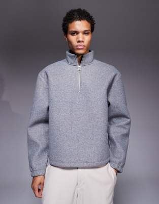 Asos Design Oversized Boxy Funnel Neck Quarter Zip Felt Sweatshirt In Gray