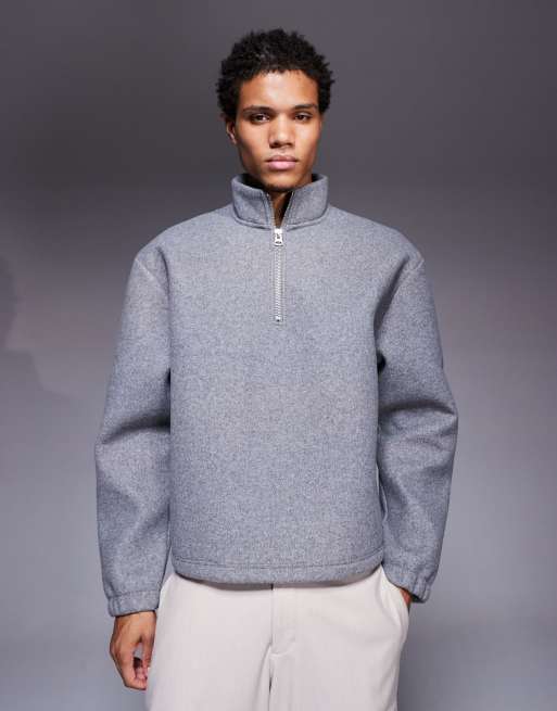 ASOS DESIGN oversized boxy funnel neck quarter zip felt sweatshirt in gray